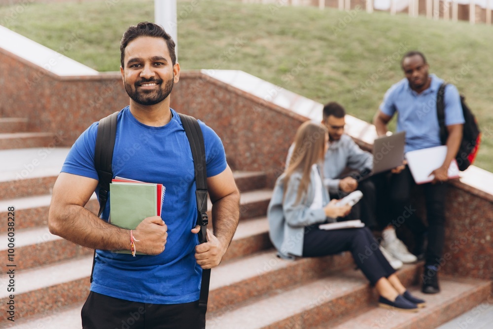 Confident Indian Student Standing with Books on Campus Steps with Group Study Session in Background Confident Indian Student Standing with Books on Campus Steps with Group Study Session in Background