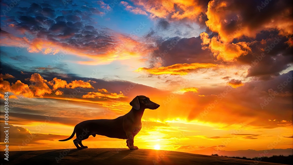 Elegant dachshund silhouette contrasts against a radiant sunset sky, embodying canine affection and minimalist artistry in a stunning depiction of love and tranquility. Elegant dachshund silhouette contrasts against a radiant sunset sky, embodying canine affection and minimalist artistry in a stunning depiction of love and tranquility.