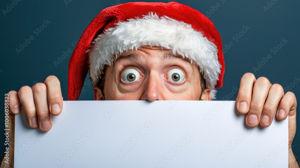 Man in Santa hat surprised while holding a blank sign Man in Santa hat surprised while holding a blank sign