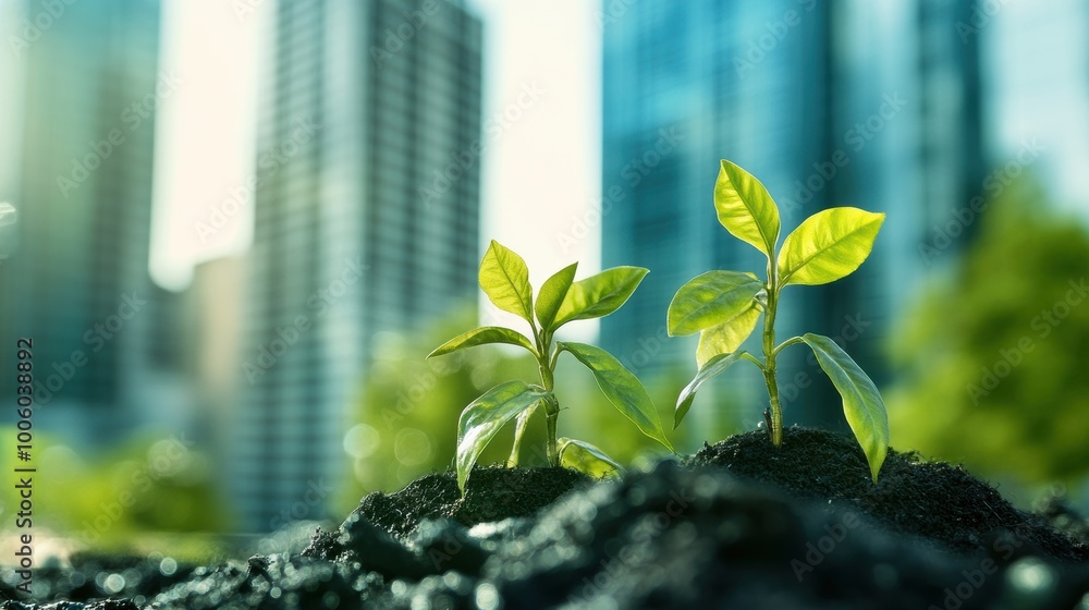 Green Shoots Growing in Front of City Skyline, Symbolizing Sustainable Growth and Environmental Responsibility Green Shoots Growing in Front of City Skyline, Symbolizing Sustainable Growth and Environmental Responsibility