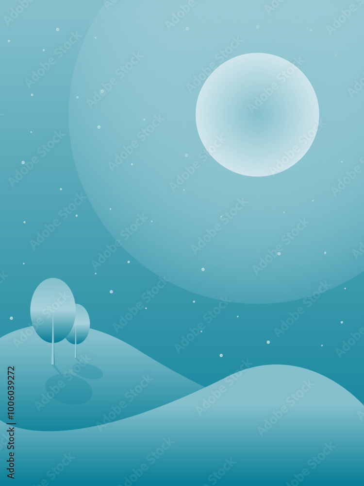 Naklejka premium Abstract vector illustration. Minimalist landscape poster with moon, hills and lonely tree. Prints, decoration, web, graphic design.