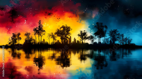 Cityscape Reflected in Water with Sunset and Night Sky