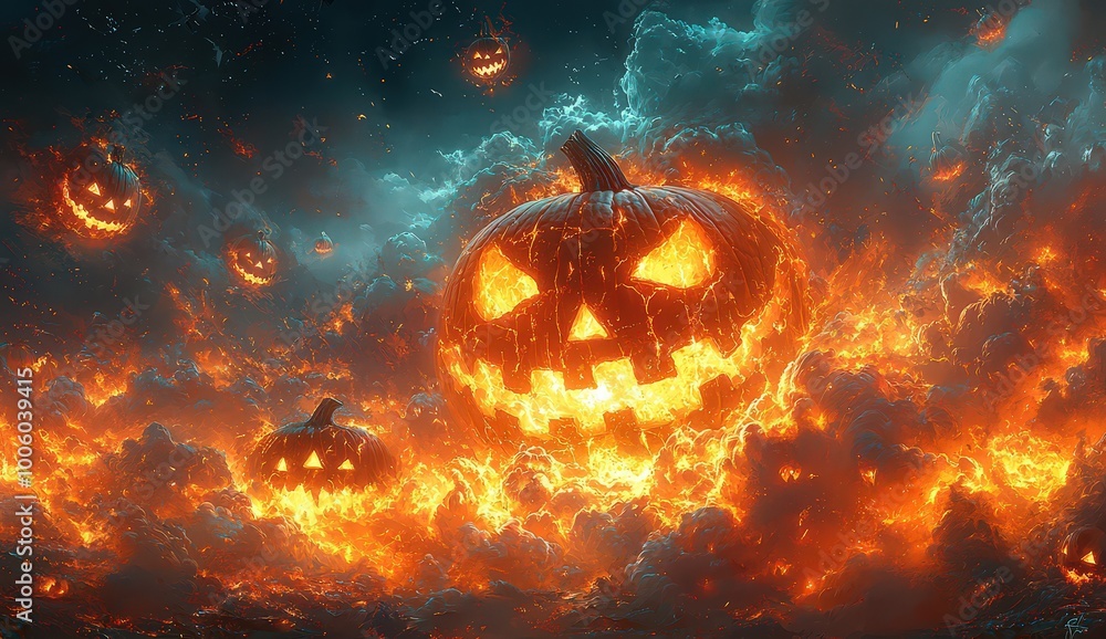 A digital painting of clouds shaped like pumpkins floating in the sky, with dark stormy skies and dramatic lighting. A digital painting of clouds shaped like pumpkins floating in the sky, with dark stormy skies and dramatic lighting.