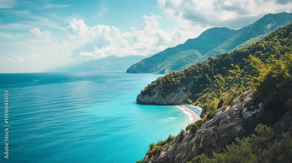 A beautiful turquoise sea and beach with lush green mountains in the background, a cinematic photo with a Mediterranean vibe on a sunny day. The bright blue sky is dotted with white clouds A beautiful turquoise sea and beach with lush green mountains in the background, a cinematic photo with a Mediterranean vibe on a sunny day. The bright blue sky is dotted with white clouds