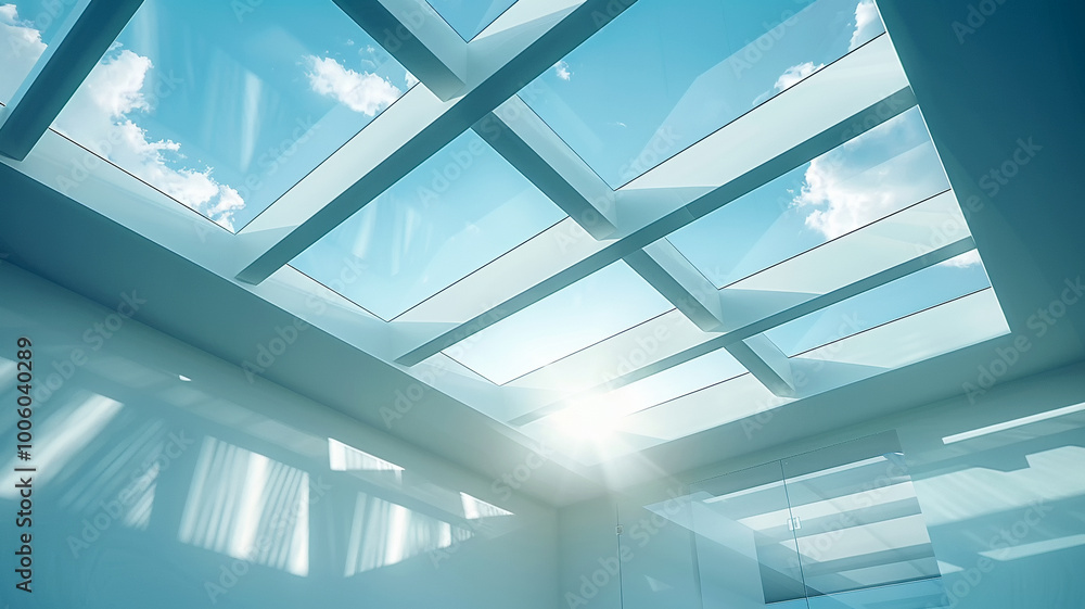 Bright rays of sunlight streaming through a modern skylight on a serene day Bright rays of sunlight streaming through a modern skylight on a serene day