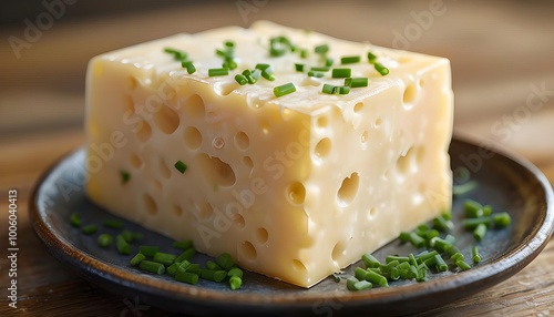 Close-up of Swiss cheese block with chives on ceramic plate, perfect for food blogs