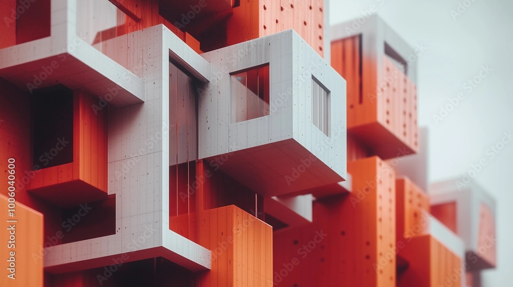 3D rendering of an abstract architectural design featuring orange and white cubes, with a geometric pattern on the building facade. The composition includes close-up shots of various cube 3D rendering of an abstract architectural design featuring orange and white cubes, with a geometric pattern on the building facade. The composition includes close-up shots of various cube