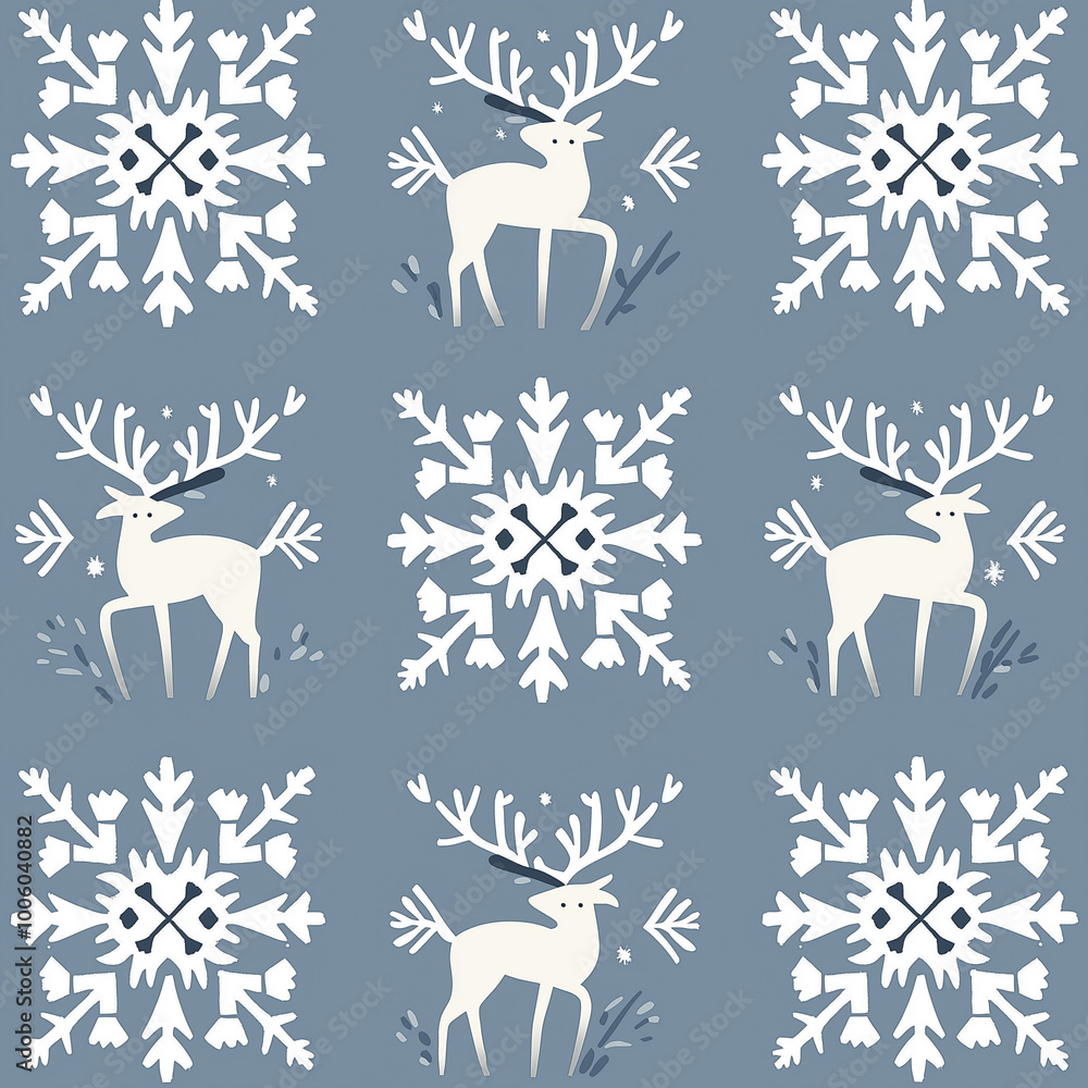 A cozy Scandinavian ethnic pattern featuring geometric shapes, snowflakes, and reindeer motifs in soft winter colors like light blue, white, and grey A cozy Scandinavian ethnic pattern featuring geometric shapes, snowflakes, and reindeer motifs in soft winter colors like light blue, white, and grey