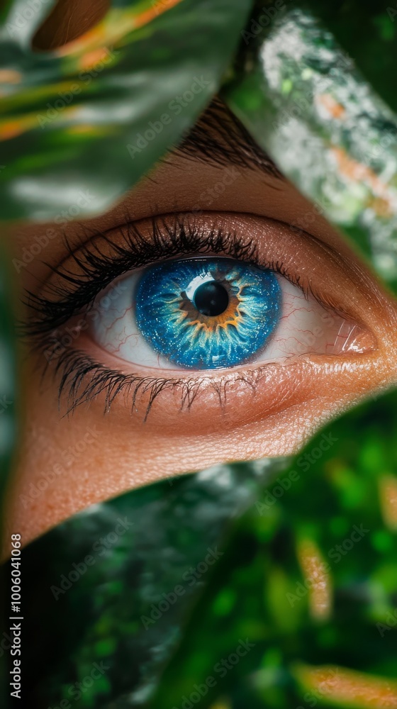 Φωτογραφία Close-up of blue eye surrounded by green leaves, nature and vision concept