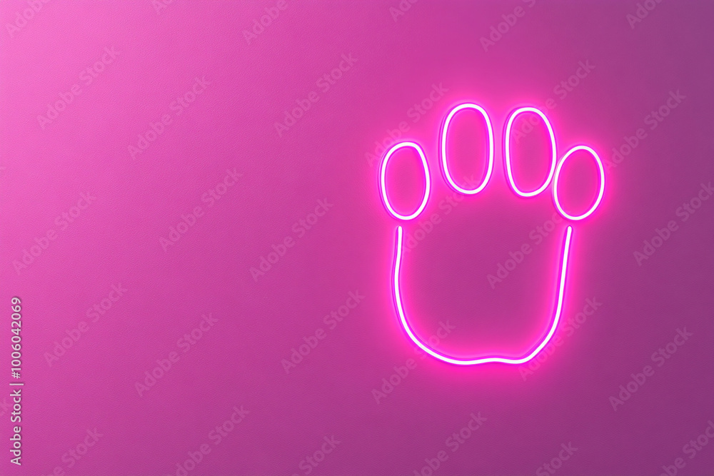 Pink cat paw on pink background with neon border Pink cat paw on pink background with neon border