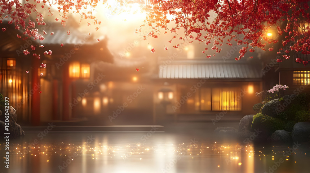 Obraz premium Tranquil Pond with Cherry Blossoms and Golden Reflections