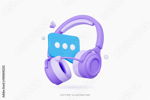3D Hotline support service with purple headphones and bubble message. Call center concept. Online user consultation. Chatbot for help and consumer question. Cartoon design icon. 3D Vector illustration