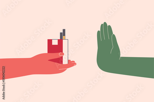 Human hand reject from the pack of cigarettes. Stop smoking tobacco and overcome nicotine addiction concept. Healthy choice and Refuse from nicotine for lung wellness. Flat vector illustration