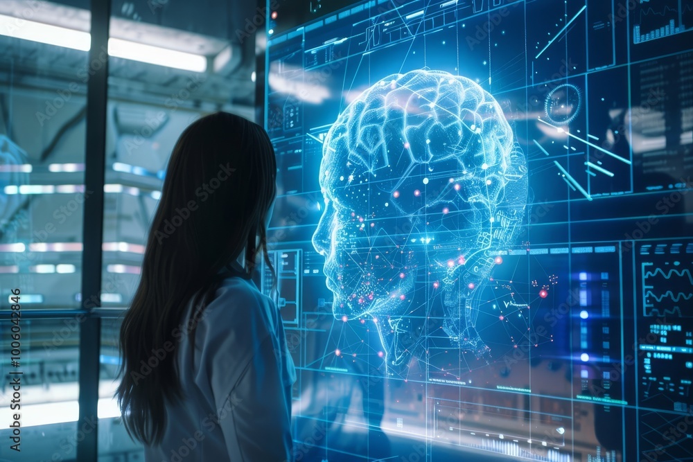 A woman contemplates a holographic brain display in a futuristic lab, merging technology and human thought in an innovative environment. Generative AI A woman contemplates a holographic brain display in a futuristic lab, merging technology and human thought in an innovative environment. Generative AI