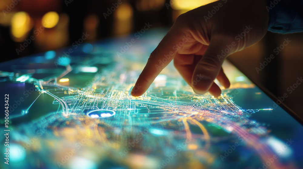 hand touching floating 3D map with traffic flow visualization, showcasing vibrant city lights and intricate details. This captures essence of modern technology and urban planning