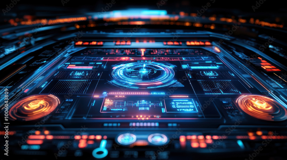 Obraz premium futuristic holographic display showcasing spaceships control panel, featuring vibrant blue and orange lights, intricate digital interfaces, and advanced technology elements