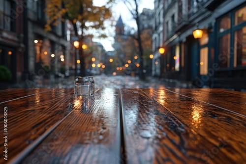 Wallpaper Mural A glistening wooden table in the foreground of a rain-soaked street, lined with atmospheric lights and autumn trees, evoking a sense of nostalgia and calm. Torontodigital.ca