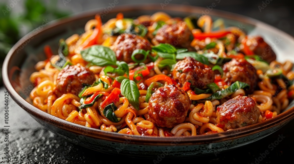 Stir fry noodles with vegetables and meatball in ceramic bowl. Black table background, top view Stir fry noodles with vegetables and meatball in ceramic bowl. Black table background, top view