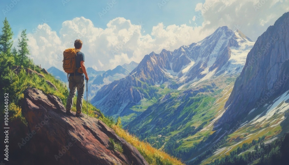 A hiker stands on a mountain ridge overlooking a valley and snow-capped peaks. A hiker stands on a mountain ridge overlooking a valley and snow-capped peaks.