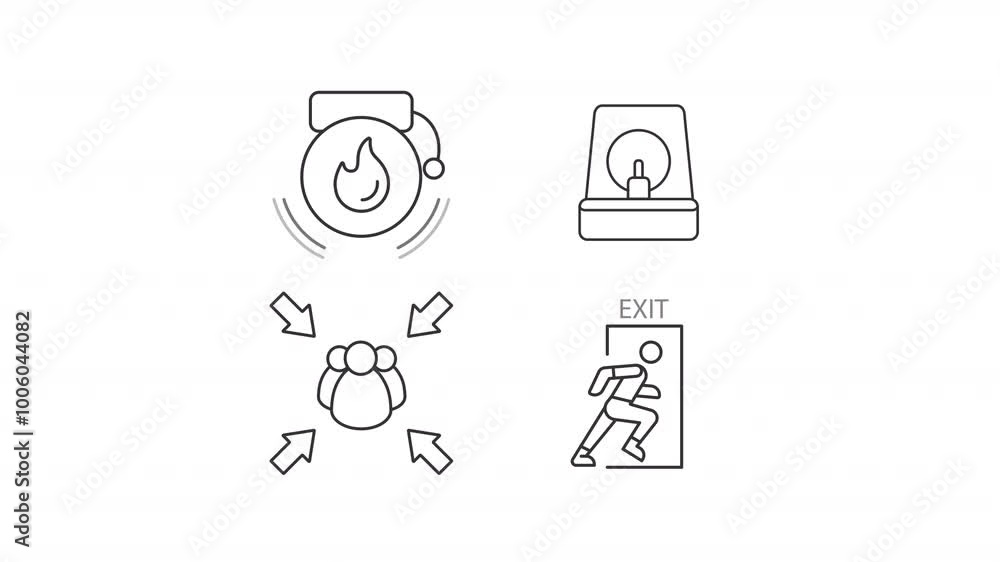 Fire emergency animation set. Evacuation control animated line icons. Safety management, security. Black illustrations on white background. HD video with alpha channel. Motion graphic Fire emergency animation set. Evacuation control animated line icons. Safety management, security. Black illustrations on white background. HD video with alpha channel. Motion graphic