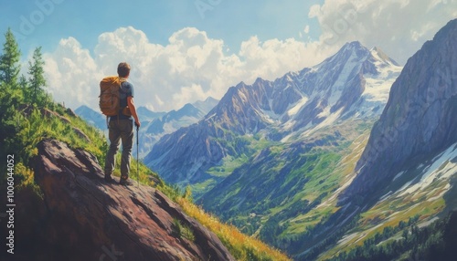 A hiker stands on a mountain ridge overlooking a valley and snow-capped peaks.