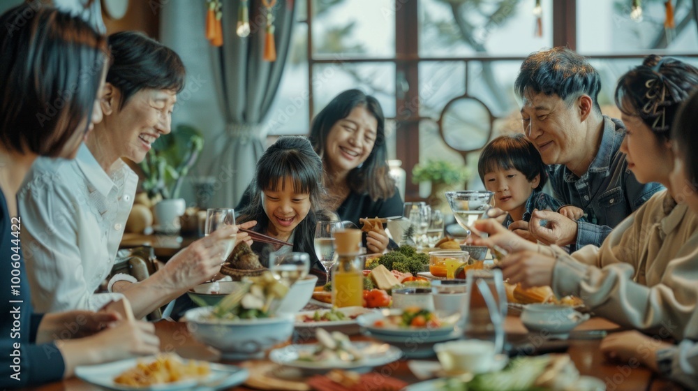 A family is gathered around a table with a variety of food, including broccoli A family is gathered around a table with a variety of food, including broccoli