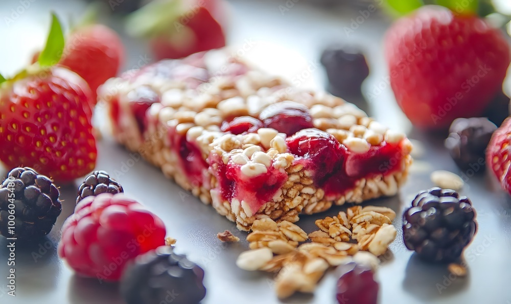 Fototapeta premium Energy bar with strawberries and nuts, Generative AI 