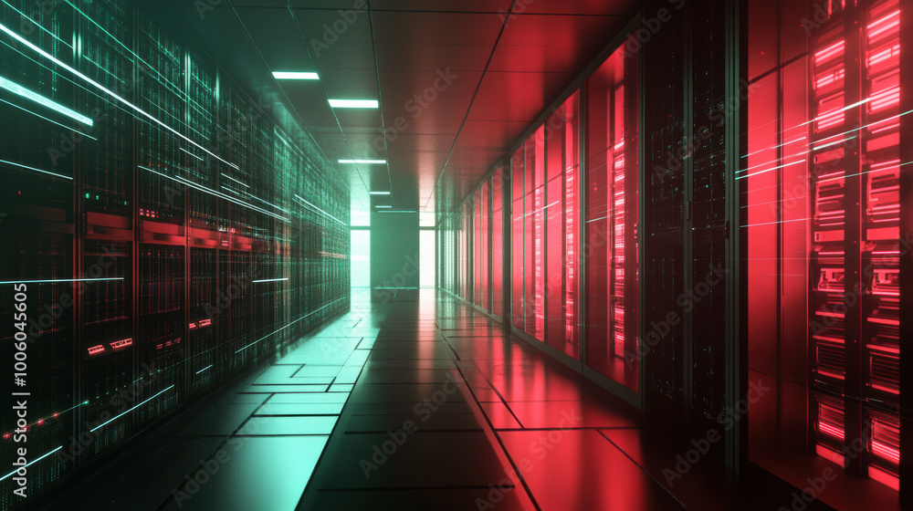 Fototapeta premium virtual representation of server room with illuminated red and green lights, showcasing futuristic design. corridor is lined with server racks, creating high tech atmosphere