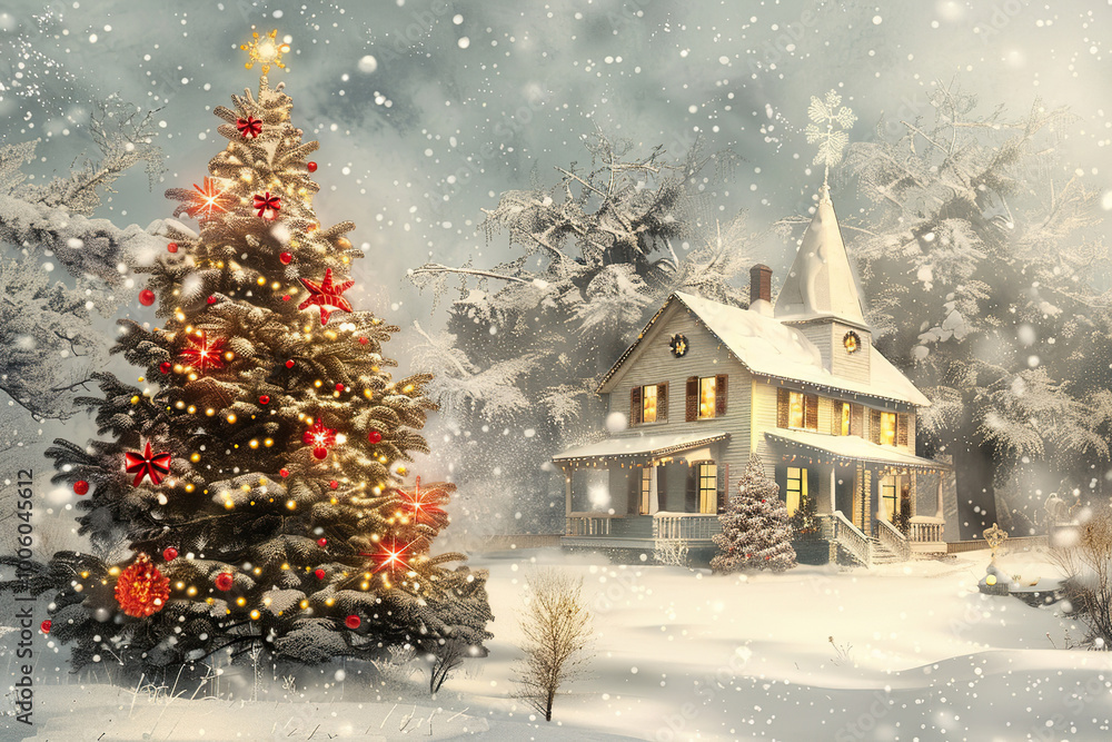Fototapeta premium Christmas greeting card with bright winter holiday composition and New Year background