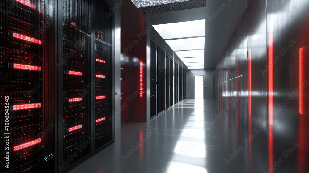 Fototapeta premium virtual representation of server room with sleek black cabinets and glowing red lights. modern design creates high tech atmosphere, emphasizing advanced technology within