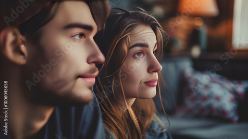 A young adult couple holding hands, looking deeply into each other's eyes, in a park.