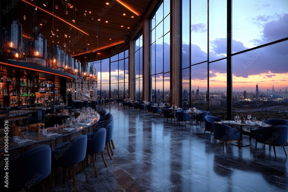Fototapeta premium A stunning luxury restaurant featuring an elegant interior and panoramic cityscape views through expansive windows, exuding sophistication and modernity.