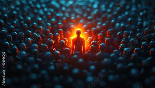 A person standing out in the crowd of people, a glowing figure among dark figures. Conceptual illustration representing a leader or professional individual with a strong personality and confidence