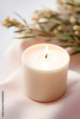 Burning candle on white fabric, closeup.