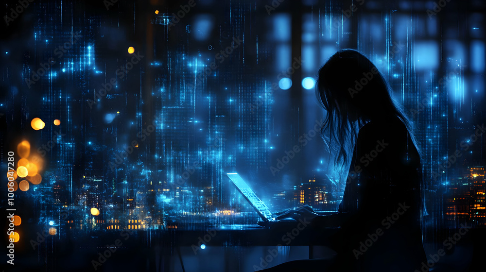 Woman Working on Laptop with Digital Cityscape Background Woman Working on Laptop with Digital Cityscape Background