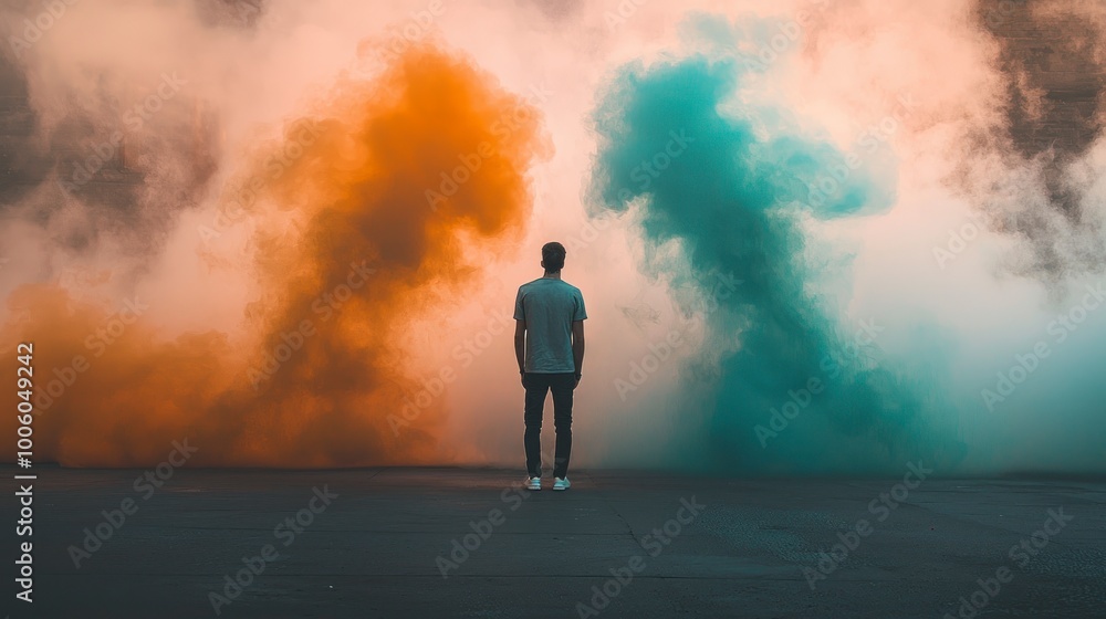 Man standing between orange and green smoke clouds in a foggy atmosphere Man standing between orange and green smoke clouds in a foggy atmosphere