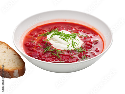 a bowl of red soup with sour cream and greens