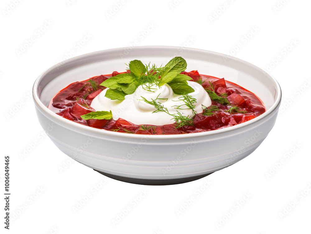 a bowl of red soup with cream and green leaves a bowl of red soup with cream and green leaves