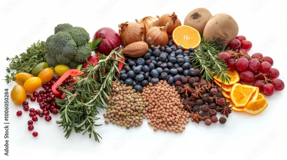 A variety of fruits and vegetables are displayed on a white background A variety of fruits and vegetables are displayed on a white background