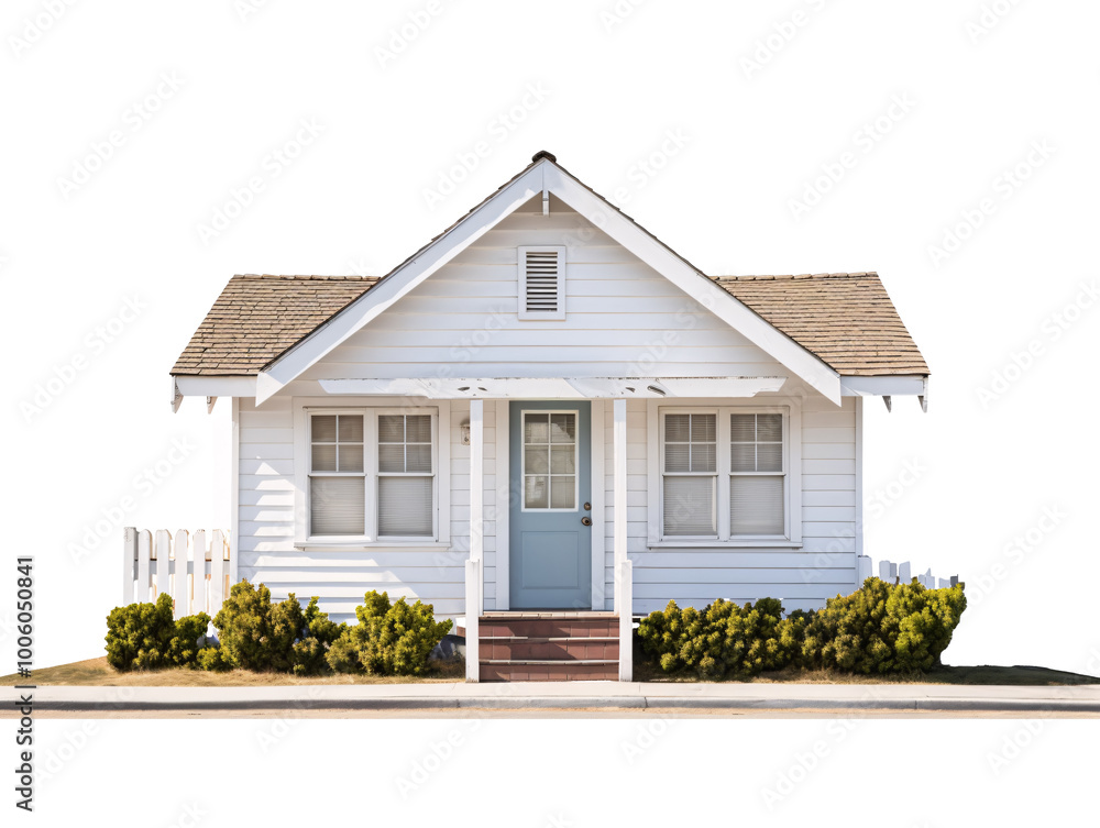 a small white house with a blue door and a white picket fence