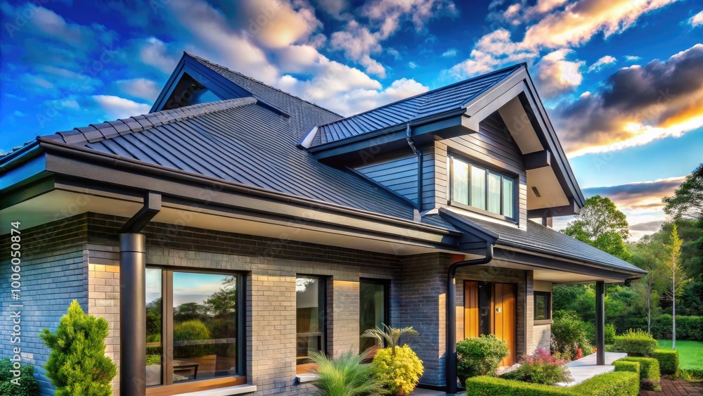 Sleek black guttering enhances the modern architectural design of this residential home, perfectly complementing its elegant aesthetic while ensuring effective water management. Sleek black guttering enhances the modern architectural design of this residential home, perfectly complementing its elegant aesthetic while ensuring effective water management.