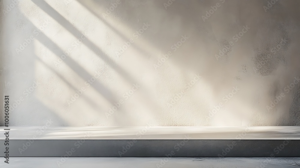 3D table and wall in an empty studio room. Podium against a white wall. Tabletop surface for product presentation. Platform with concrete texture for beauty advertising. 3D table and wall in an empty studio room. Podium against a white wall. Tabletop surface for product presentation. Platform with concrete texture for beauty advertising.