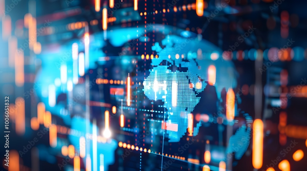 Obraz premium A glowing world map on a digital screen, highlighting the concept of global connectivity, technology, and data.