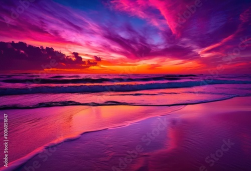 stunning sunset over serene beach vibrant colors tranquil waves reflecting colorful sky, ocean, light, cloud, reflection, nature, beauty, landscape, view photo