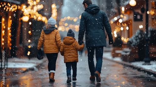 The family enjoying a cozy winter walk together, bundled up in coats and scarves, admiring the Christmas lights and decorations in the neighborhood photo