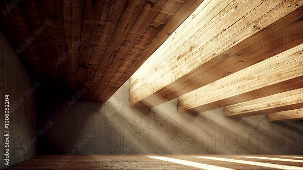Warm sunlight streams through wooden beams in a tranquil indoor space Warm sunlight streams through wooden beams in a tranquil indoor space