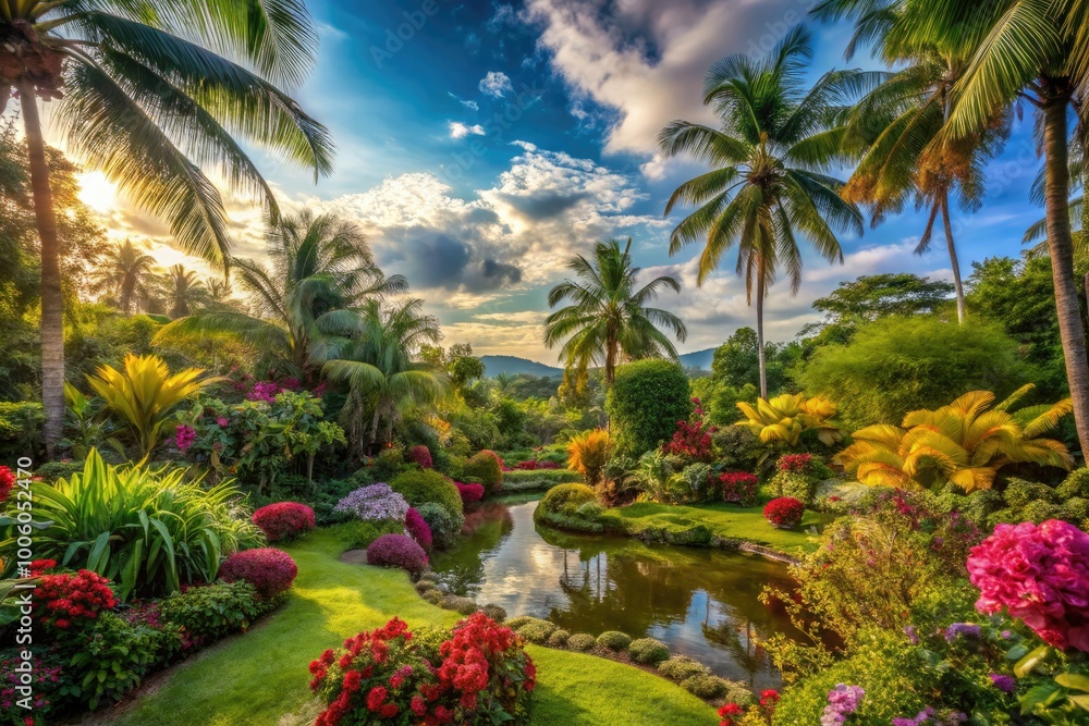 Fototapeta premium The garden bursts with vibrant blooms and lush greenery, creating a tranquil paradise where nature's harmony nourishes the soul and invites peaceful reflection.
