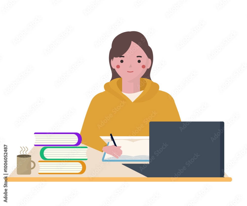パソコンとノートを使って受験勉強をする学生。ベクターイラスト パソコンとノートを使って受験勉強をする学生。ベクターイラスト