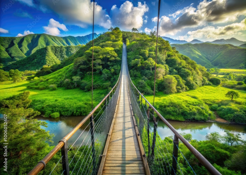 Obraz premium The scenic Hanapepe Swinging Bridge offers stunning views of Kauai's lush green landscape, showcasing the island's breathtaking natural beauty and inviting exploration of its serene surroundings.