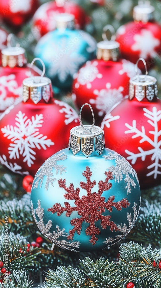 Fototapeta premium Close-up of colorful Christmas ornaments with snowflake designs hanging on a decorated tree, perfect for holiday-themed designs.